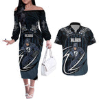 Custom Carlton Navy Couples Matching Off The Shoulder Long Sleeve Dress and Hawaiian Shirt Captain With Aboriginal Art