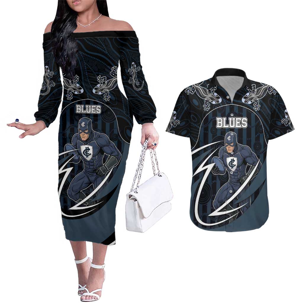 Custom Carlton Navy Couples Matching Off The Shoulder Long Sleeve Dress and Hawaiian Shirt Captain With Aboriginal Art