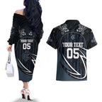Custom Carlton Navy Couples Matching Off The Shoulder Long Sleeve Dress and Hawaiian Shirt Captain With Aboriginal Art