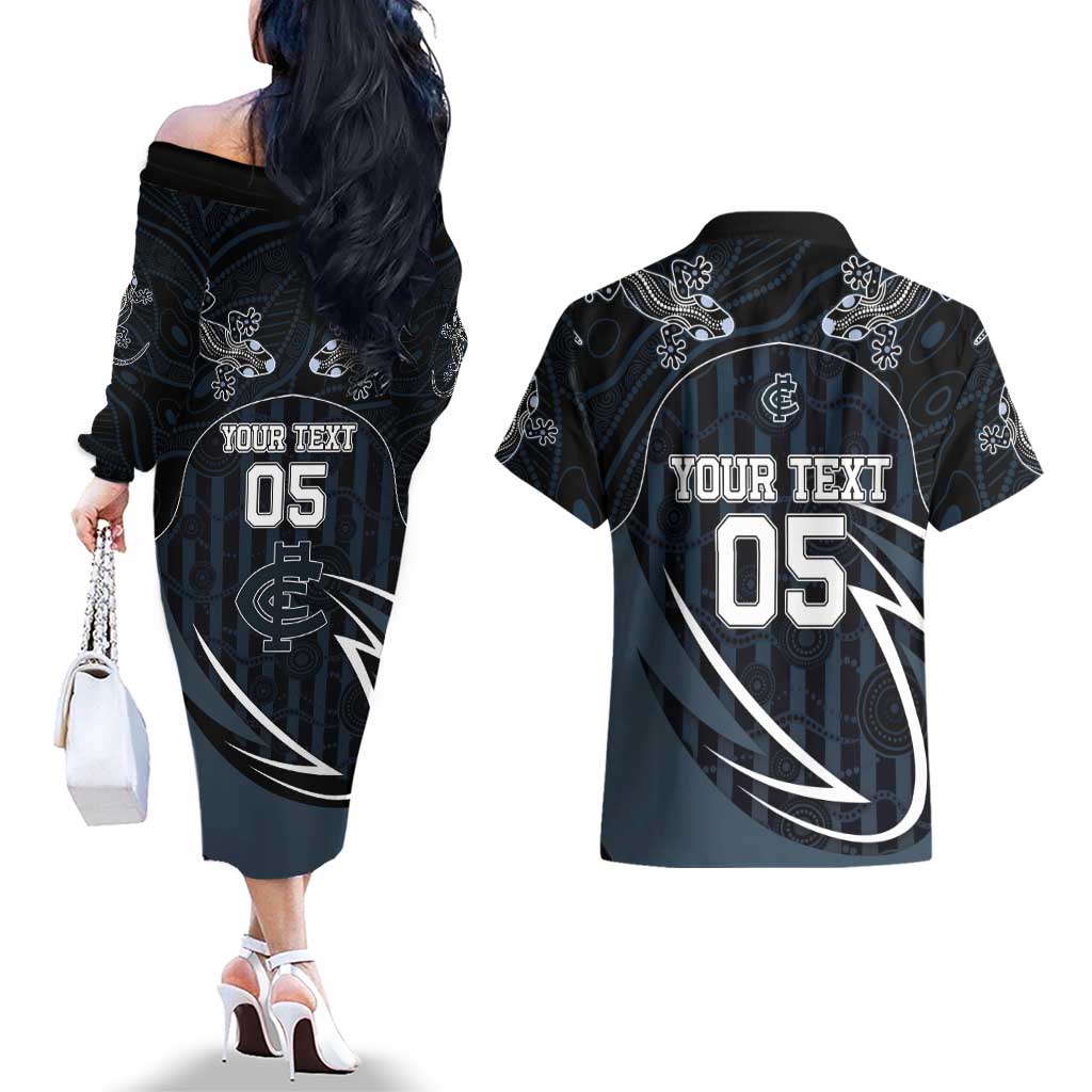 Custom Carlton Navy Couples Matching Off The Shoulder Long Sleeve Dress and Hawaiian Shirt Captain With Aboriginal Art