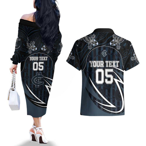 Custom Carlton Navy Couples Matching Off The Shoulder Long Sleeve Dress and Hawaiian Shirt Captain With Aboriginal Art