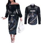 Custom Carlton Navy Couples Matching Off The Shoulder Long Sleeve Dress and Long Sleeve Button Shirt Captain With Aboriginal Art