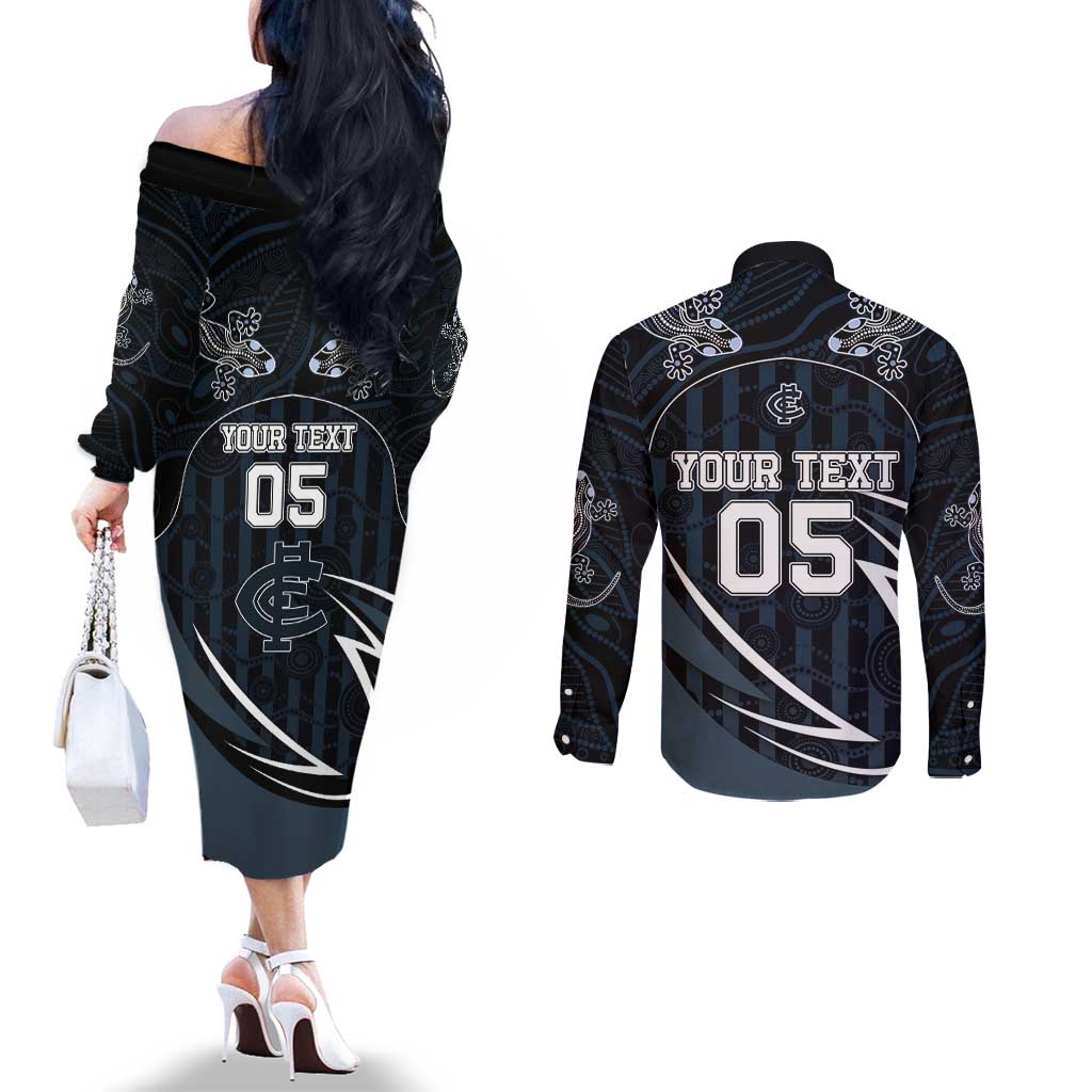 Custom Carlton Navy Couples Matching Off The Shoulder Long Sleeve Dress and Long Sleeve Button Shirt Captain With Aboriginal Art