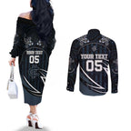 Custom Carlton Navy Couples Matching Off The Shoulder Long Sleeve Dress and Long Sleeve Button Shirt Captain With Aboriginal Art