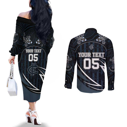 Custom Carlton Navy Couples Matching Off The Shoulder Long Sleeve Dress and Long Sleeve Button Shirt Captain With Aboriginal Art
