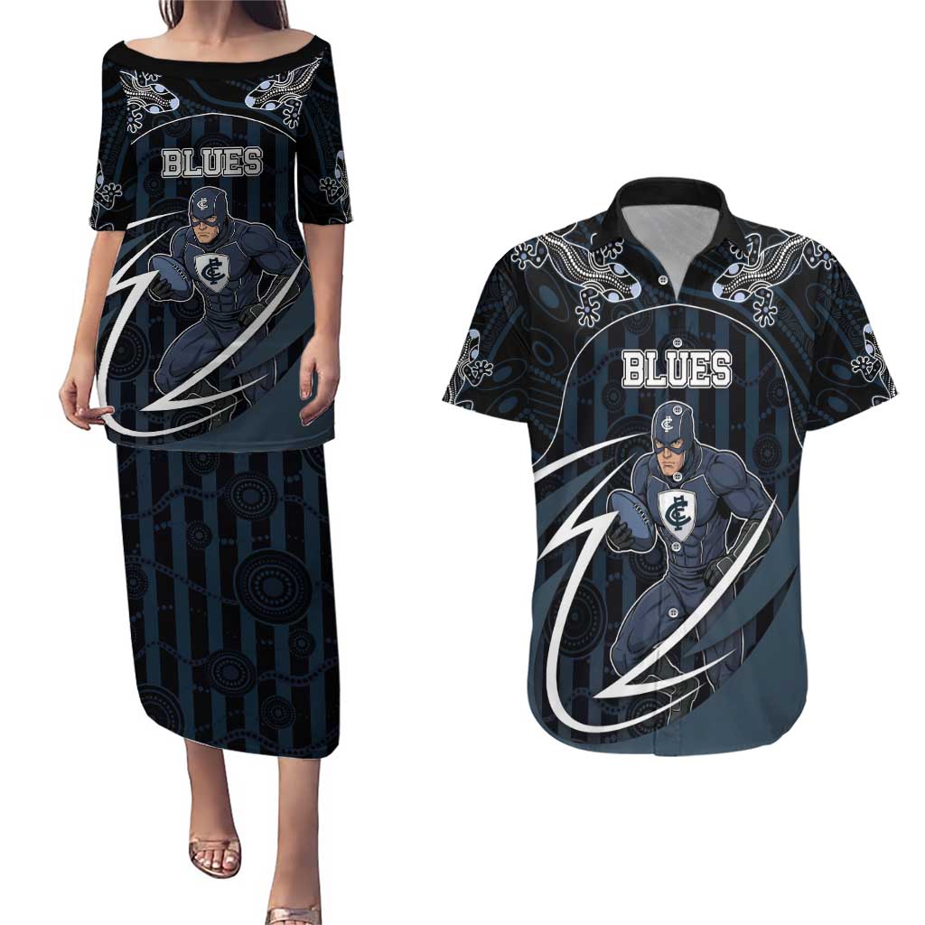 Custom Carlton Navy Couples Matching Puletasi and Hawaiian Shirt Captain With Aboriginal Art
