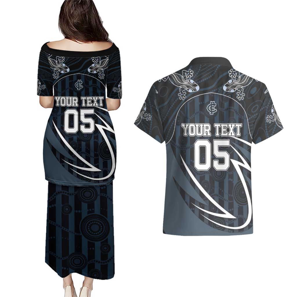 Custom Carlton Navy Couples Matching Puletasi and Hawaiian Shirt Captain With Aboriginal Art