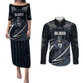 Custom Carlton Navy Couples Matching Puletasi and Long Sleeve Button Shirt Captain With Aboriginal Art