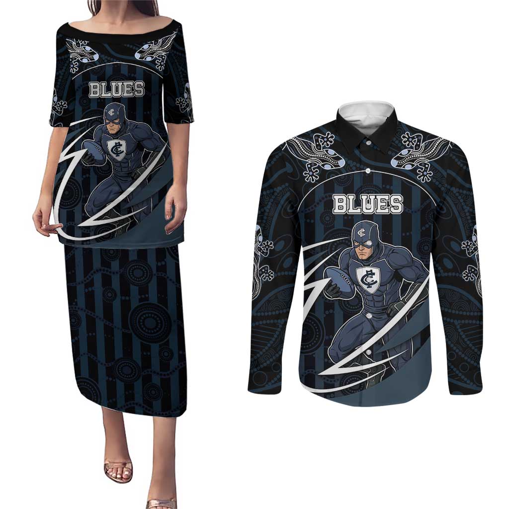 Custom Carlton Navy Couples Matching Puletasi and Long Sleeve Button Shirt Captain With Aboriginal Art