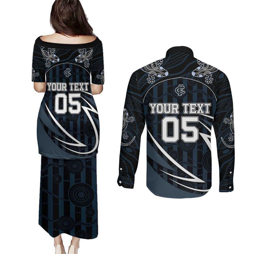 Custom Carlton Navy Couples Matching Puletasi and Long Sleeve Button Shirt Captain With Aboriginal Art