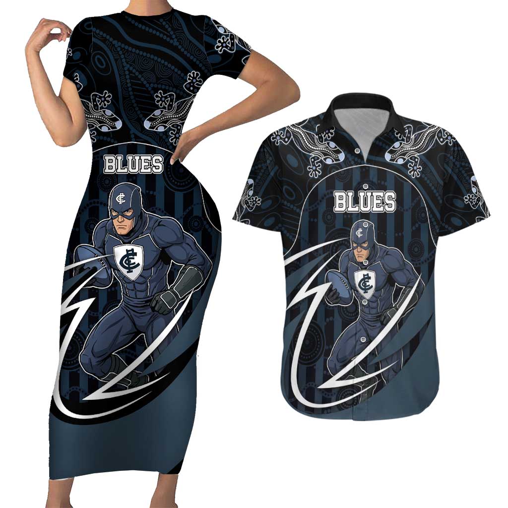 Custom Carlton Navy Couples Matching Short Sleeve Bodycon Dress and Hawaiian Shirt Captain With Aboriginal Art