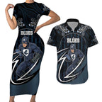 Custom Carlton Navy Couples Matching Short Sleeve Bodycon Dress and Hawaiian Shirt Captain With Aboriginal Art