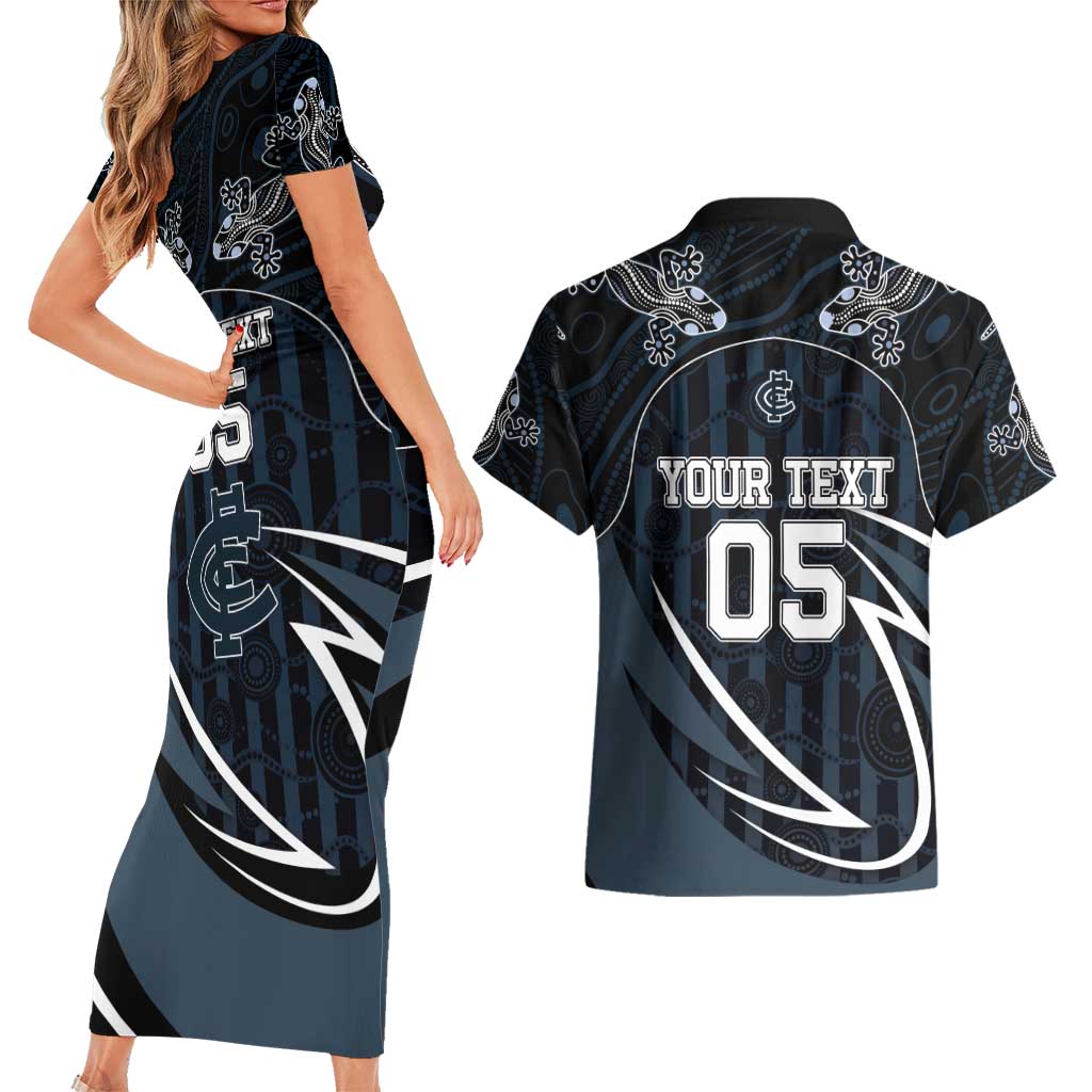Custom Carlton Navy Couples Matching Short Sleeve Bodycon Dress and Hawaiian Shirt Captain With Aboriginal Art