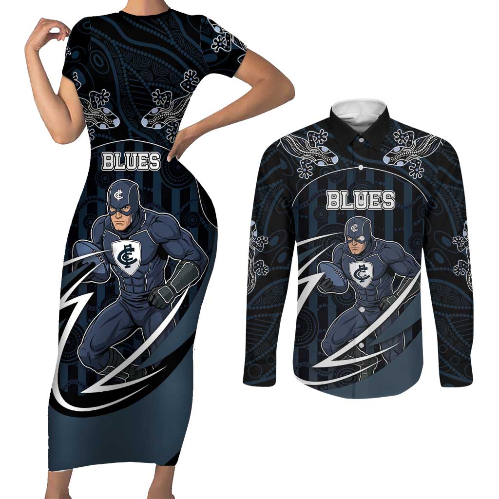 Custom Carlton Navy Couples Matching Short Sleeve Bodycon Dress and Long Sleeve Button Shirt Captain With Aboriginal Art