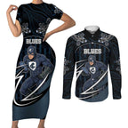 Custom Carlton Navy Couples Matching Short Sleeve Bodycon Dress and Long Sleeve Button Shirt Captain With Aboriginal Art