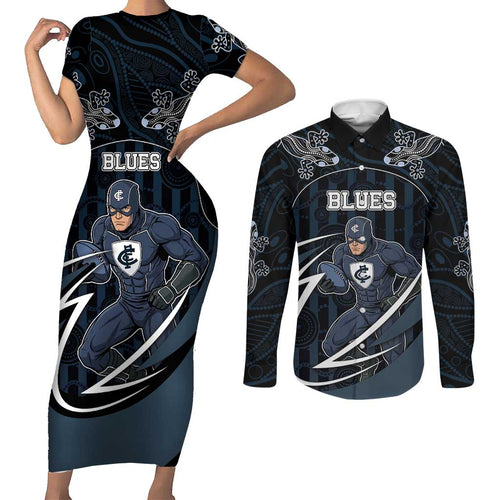 Custom Carlton Navy Couples Matching Short Sleeve Bodycon Dress and Long Sleeve Button Shirt Captain With Aboriginal Art