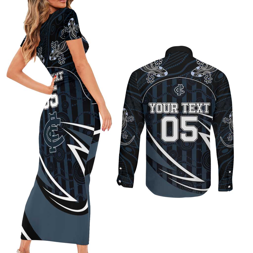 Custom Carlton Navy Couples Matching Short Sleeve Bodycon Dress and Long Sleeve Button Shirt Captain With Aboriginal Art