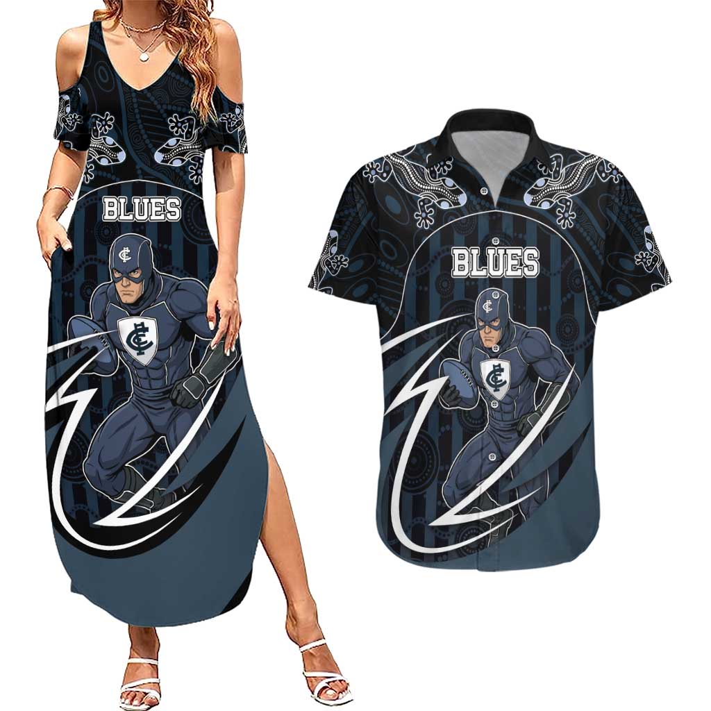 Custom Carlton Navy Couples Matching Summer Maxi Dress and Hawaiian Shirt Captain With Aboriginal Art