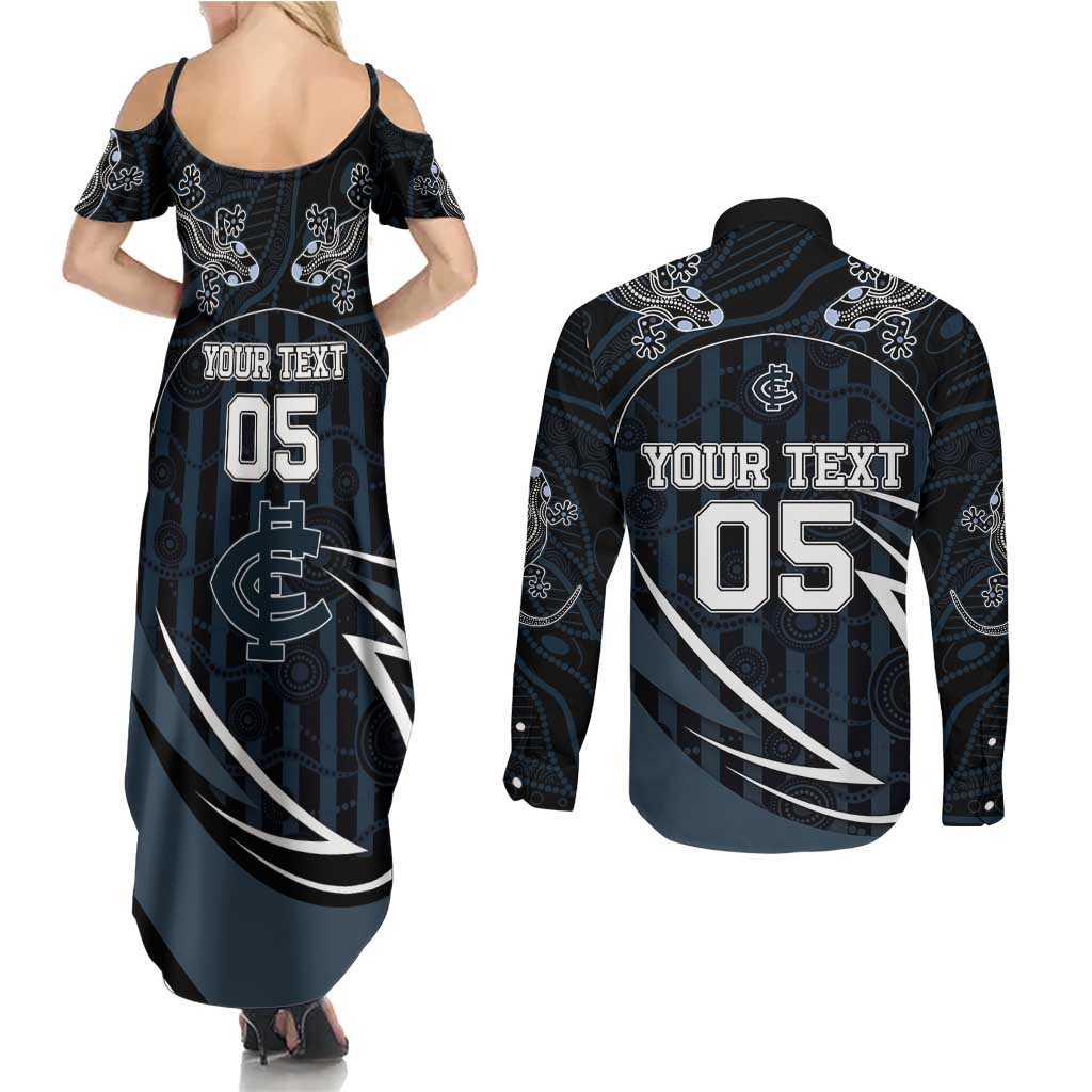 Custom Carlton Navy Couples Matching Summer Maxi Dress and Long Sleeve Button Shirt Captain With Aboriginal Art
