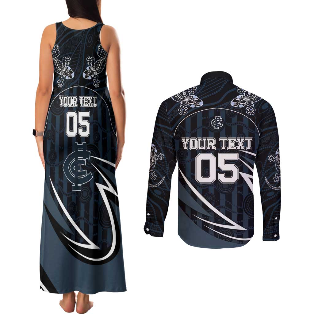 Custom Carlton Navy Couples Matching Tank Maxi Dress and Long Sleeve Button Shirt Captain With Aboriginal Art