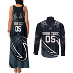 Custom Carlton Navy Couples Matching Tank Maxi Dress and Long Sleeve Button Shirt Captain With Aboriginal Art
