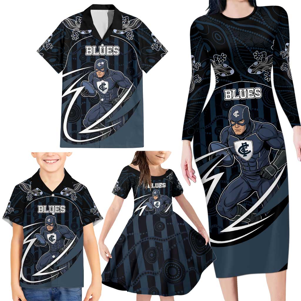 Custom Carlton Navy Family Matching Long Sleeve Bodycon Dress and Hawaiian Shirt Captain With Aboriginal Art