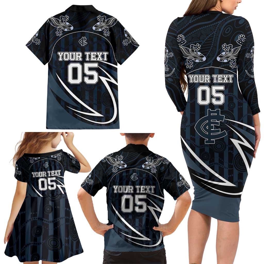 Custom Carlton Navy Family Matching Long Sleeve Bodycon Dress and Hawaiian Shirt Captain With Aboriginal Art
