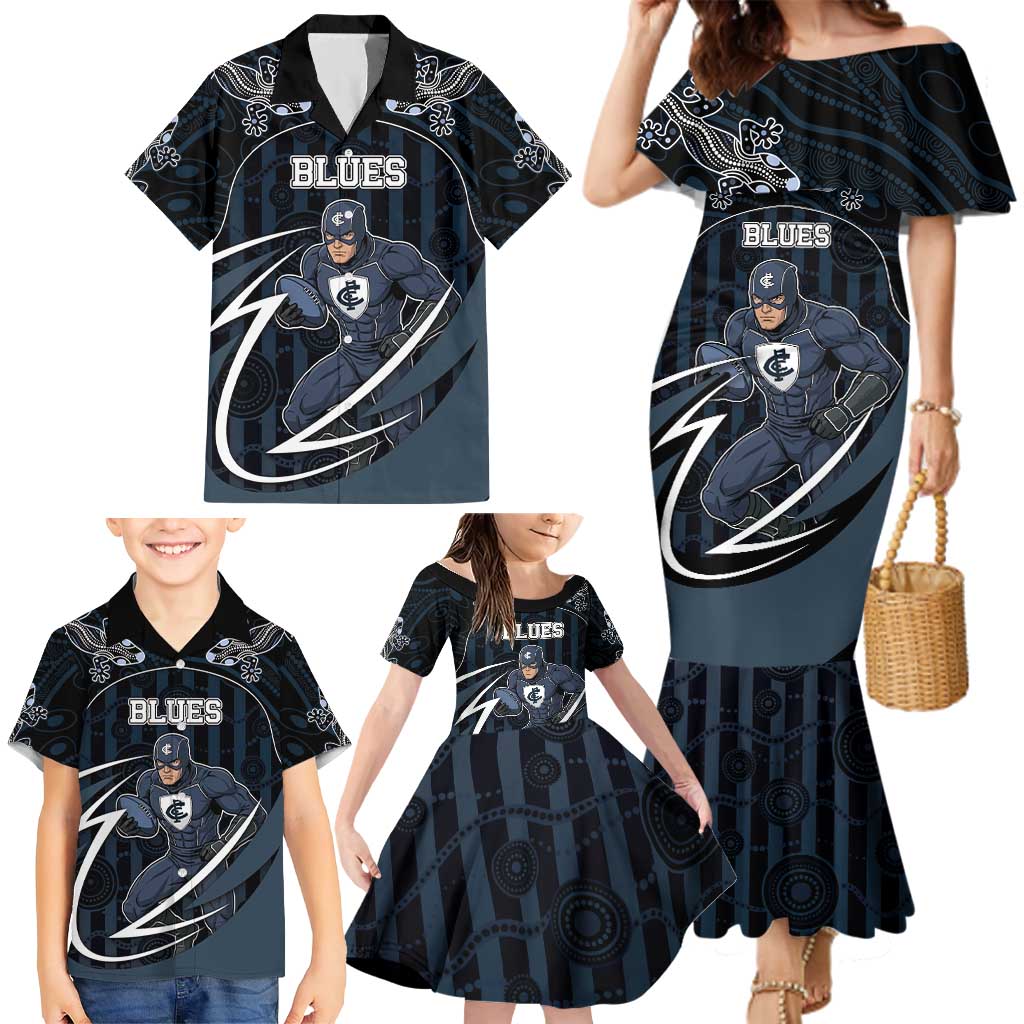 Custom Carlton Navy Family Matching Mermaid Dress and Hawaiian Shirt Captain With Aboriginal Art