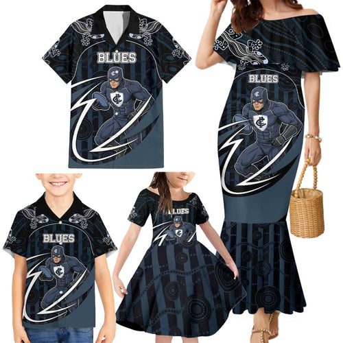 Custom Carlton Navy Family Matching Mermaid Dress and Hawaiian Shirt Captain With Aboriginal Art
