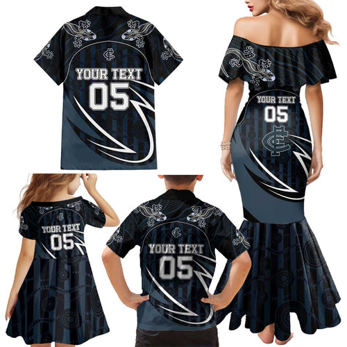 Custom Carlton Navy Family Matching Mermaid Dress and Hawaiian Shirt Captain With Aboriginal Art
