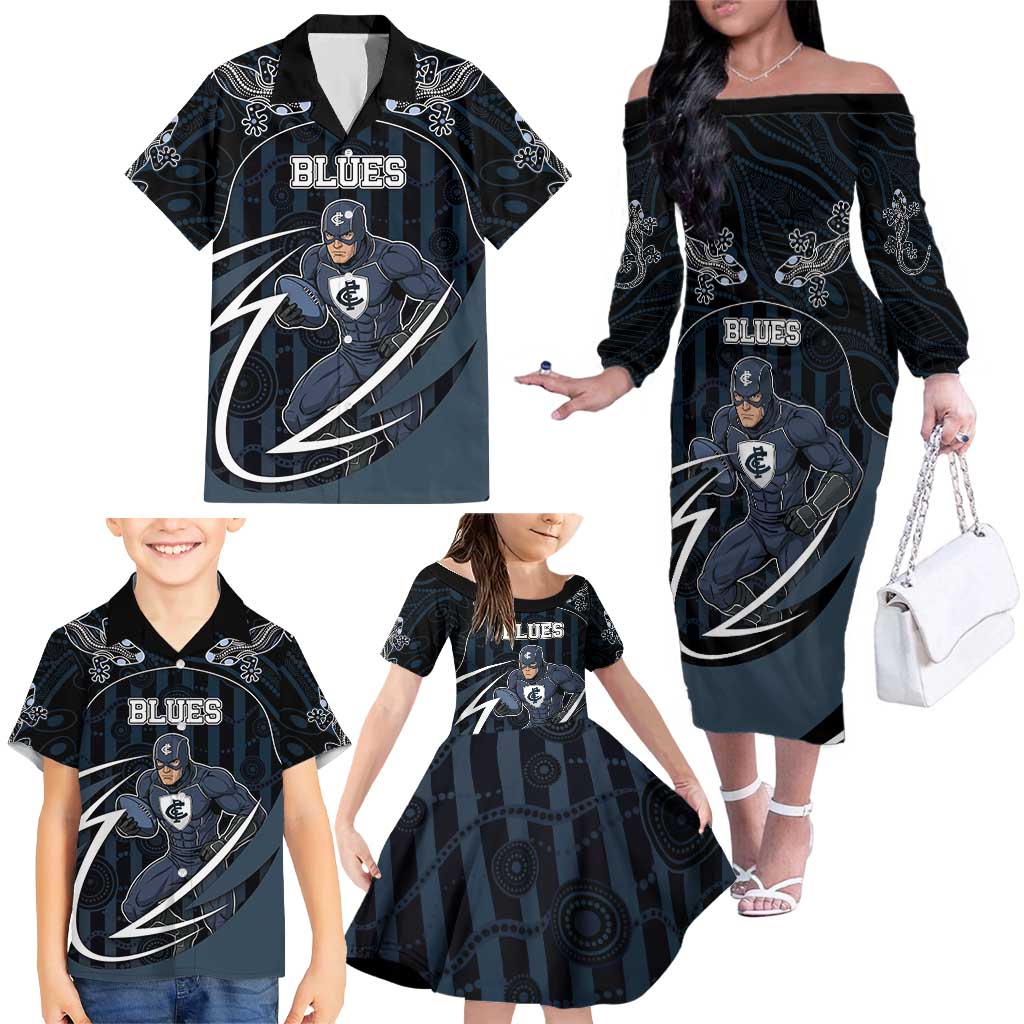 Custom Carlton Navy Family Matching Off The Shoulder Long Sleeve Dress and Hawaiian Shirt Captain With Aboriginal Art