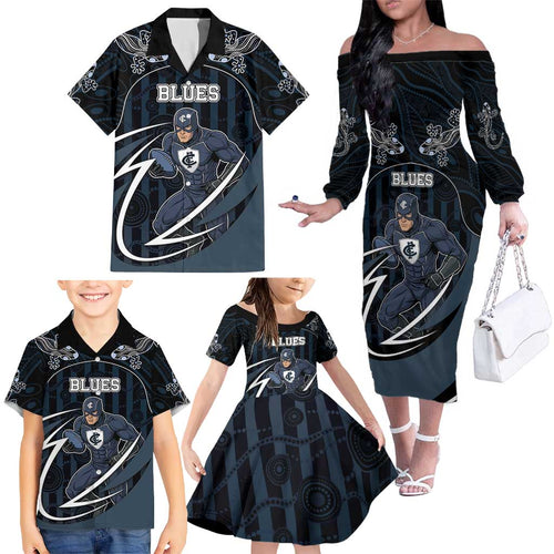 Custom Carlton Navy Family Matching Off The Shoulder Long Sleeve Dress and Hawaiian Shirt Captain With Aboriginal Art