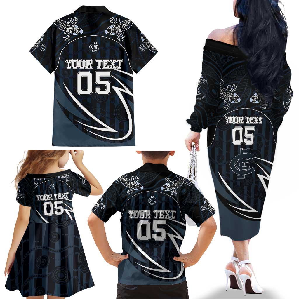 Custom Carlton Navy Family Matching Off The Shoulder Long Sleeve Dress and Hawaiian Shirt Captain With Aboriginal Art