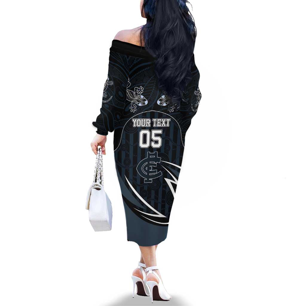 Custom Carlton Navy Family Matching Off The Shoulder Long Sleeve Dress and Hawaiian Shirt Captain With Aboriginal Art