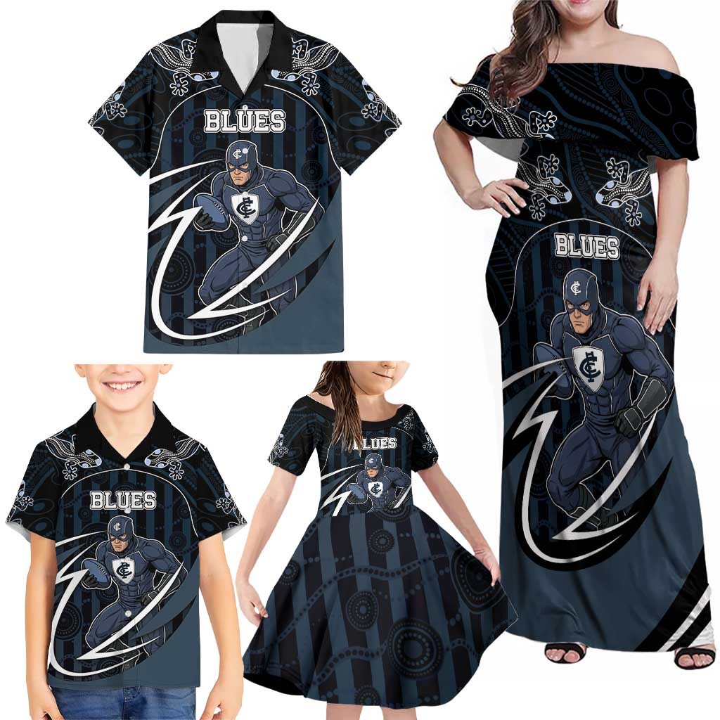 Custom Carlton Navy Family Matching Off Shoulder Maxi Dress and Hawaiian Shirt Captain With Aboriginal Art
