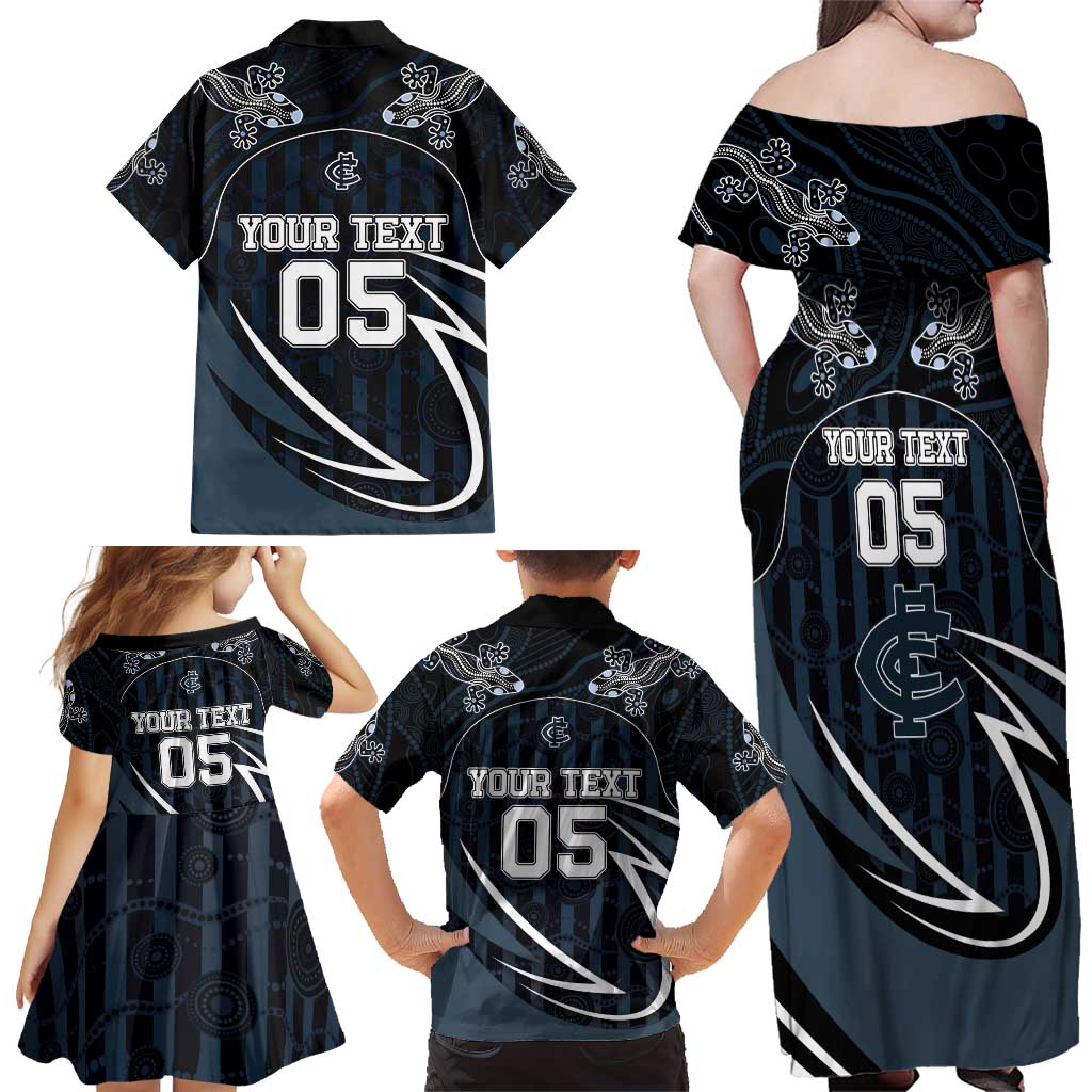 Custom Carlton Navy Family Matching Off Shoulder Maxi Dress and Hawaiian Shirt Captain With Aboriginal Art