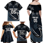 Custom Carlton Navy Family Matching Off Shoulder Maxi Dress and Hawaiian Shirt Captain With Aboriginal Art