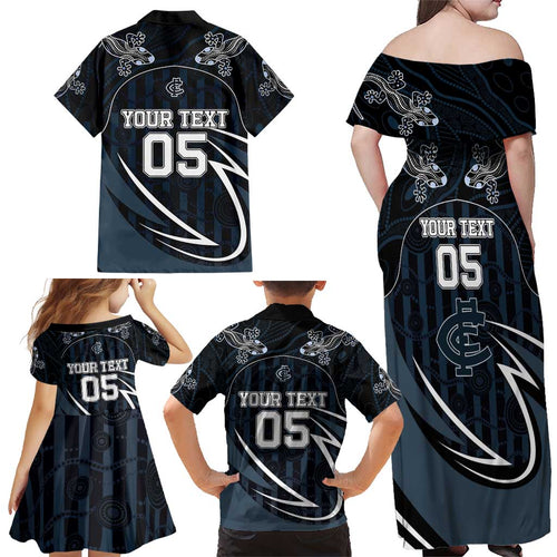 Custom Carlton Navy Family Matching Off Shoulder Maxi Dress and Hawaiian Shirt Captain With Aboriginal Art
