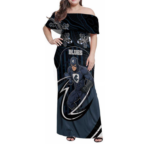 Custom Carlton Navy Family Matching Off Shoulder Maxi Dress and Hawaiian Shirt Captain With Aboriginal Art