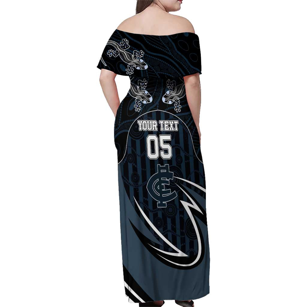 Custom Carlton Navy Family Matching Off Shoulder Maxi Dress and Hawaiian Shirt Captain With Aboriginal Art