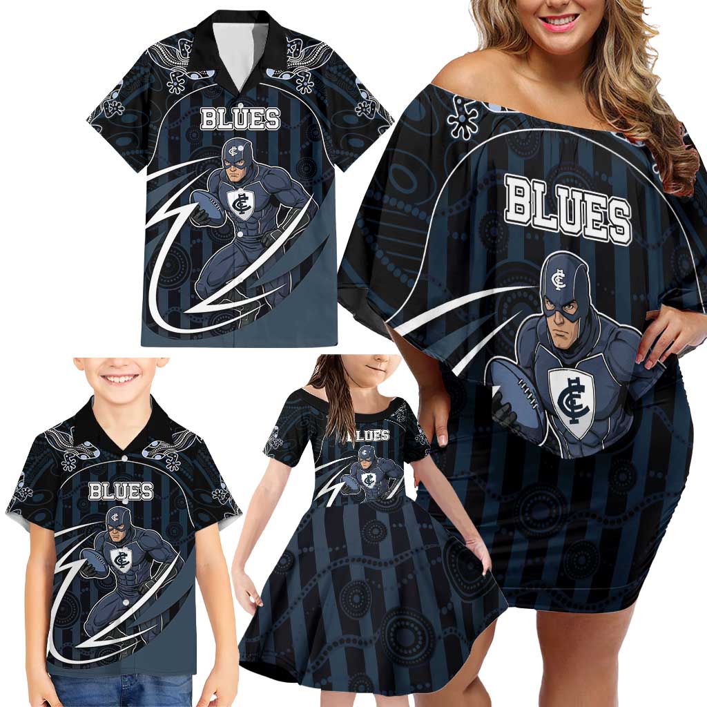Custom Carlton Navy Family Matching Off Shoulder Short Dress and Hawaiian Shirt Captain With Aboriginal Art