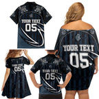 Custom Carlton Navy Family Matching Off Shoulder Short Dress and Hawaiian Shirt Captain With Aboriginal Art