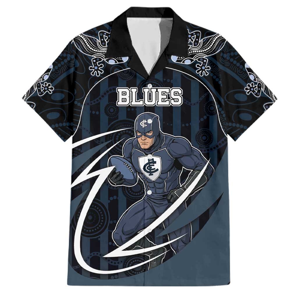 Custom Carlton Navy Family Matching Off Shoulder Short Dress and Hawaiian Shirt Captain With Aboriginal Art