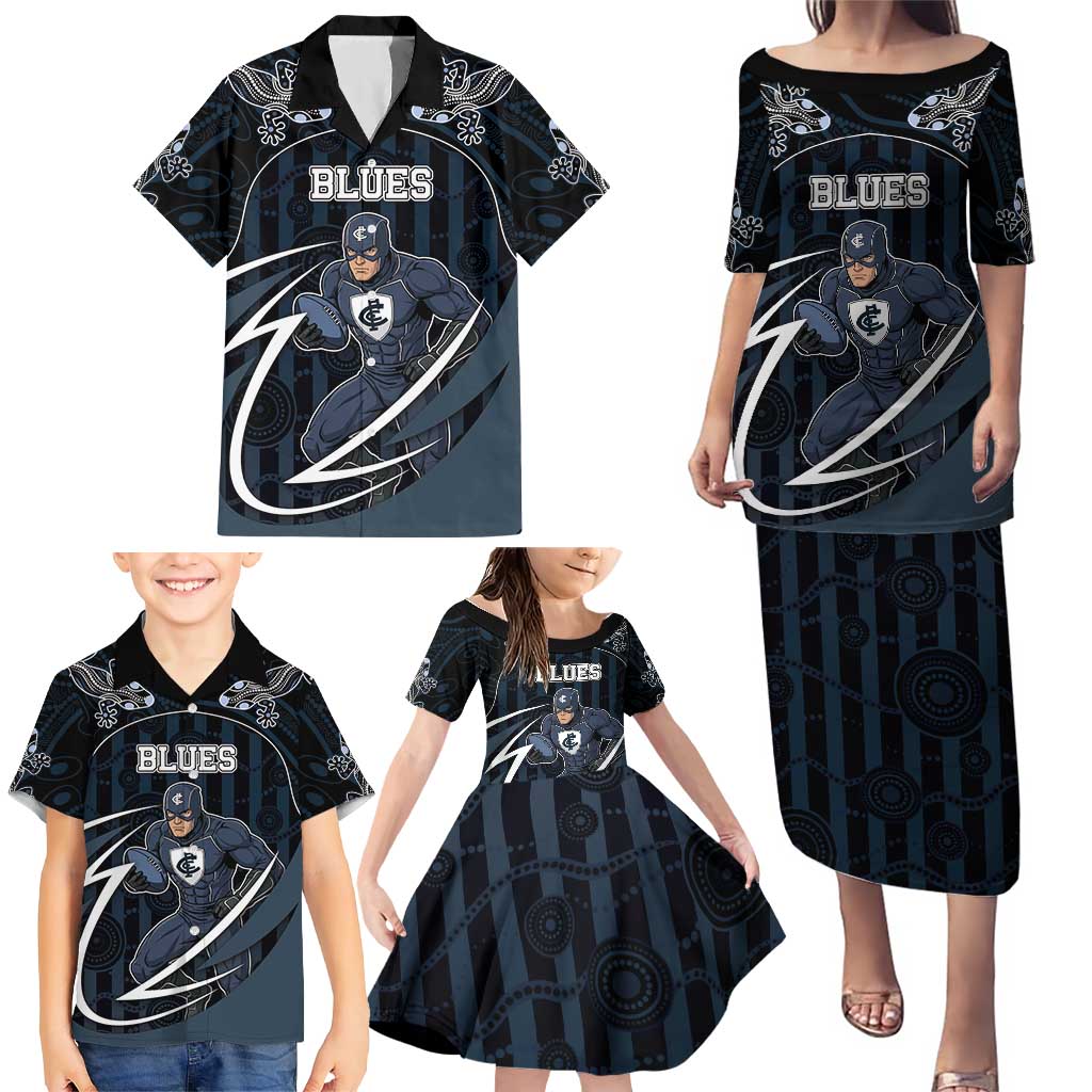 Custom Carlton Navy Family Matching Puletasi and Hawaiian Shirt Captain With Aboriginal Art