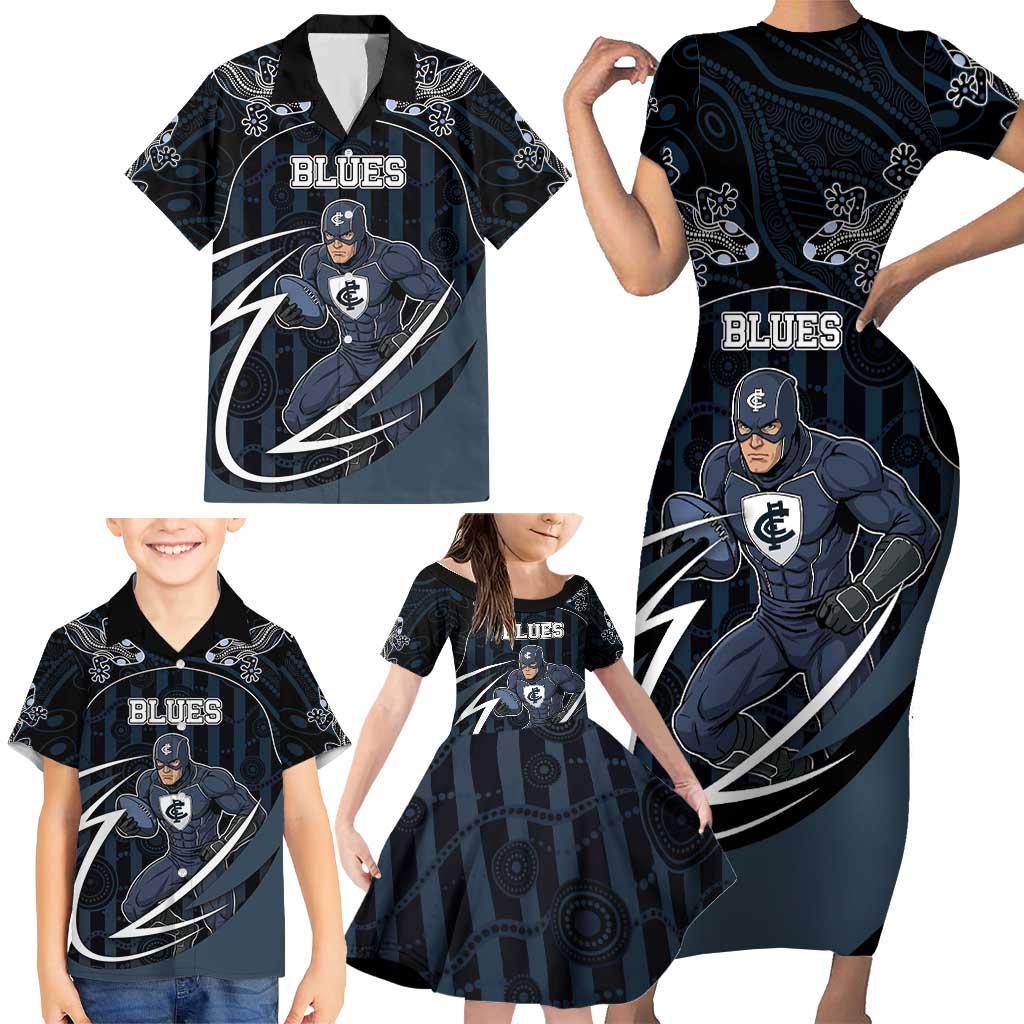 Custom Carlton Navy Family Matching Short Sleeve Bodycon Dress and Hawaiian Shirt Captain With Aboriginal Art