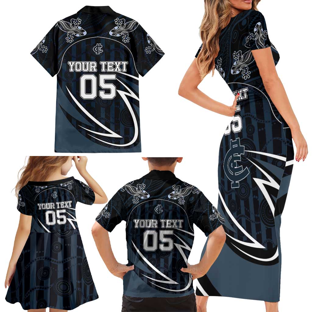 Custom Carlton Navy Family Matching Short Sleeve Bodycon Dress and Hawaiian Shirt Captain With Aboriginal Art