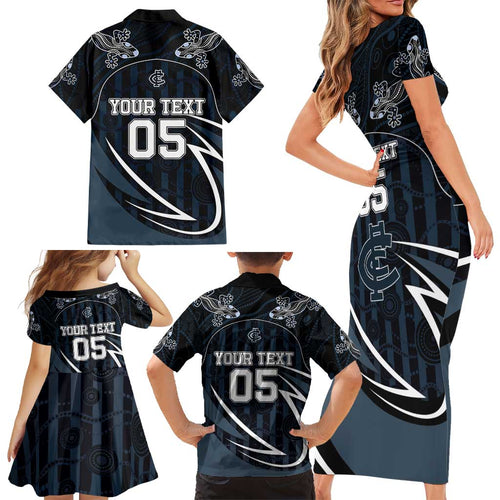 Custom Carlton Navy Family Matching Short Sleeve Bodycon Dress and Hawaiian Shirt Captain With Aboriginal Art