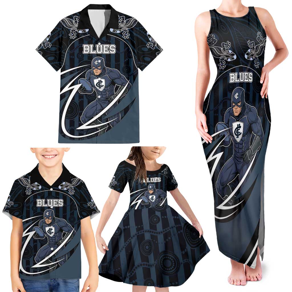 Custom Carlton Navy Family Matching Tank Maxi Dress and Hawaiian Shirt Captain With Aboriginal Art