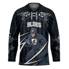 Custom Carlton Navy Hockey Jersey Captain With Aboriginal Art