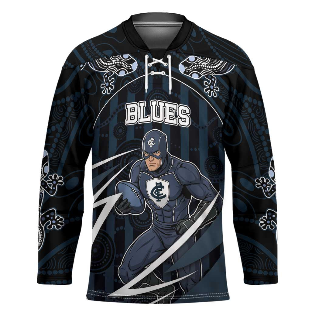 Custom Carlton Navy Hockey Jersey Captain With Aboriginal Art